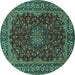 Round Machine Washable Medallion Turquoise Traditional Area Rugs, wshtr115turq