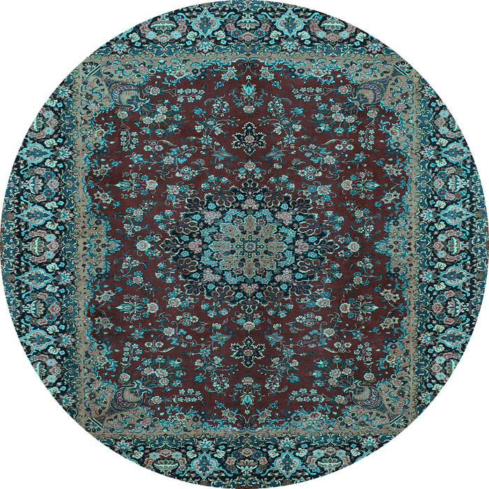 Round Machine Washable Medallion Light Blue Traditional Rug, wshtr115lblu