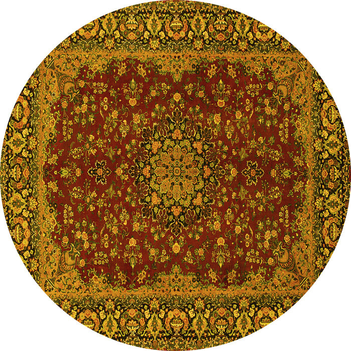 Round Machine Washable Medallion Yellow Traditional Rug, wshtr115yw