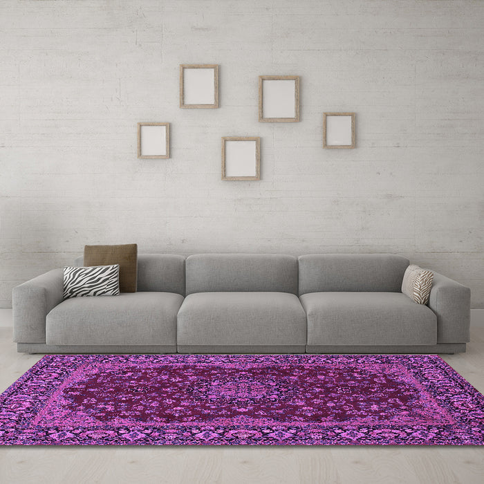 Machine Washable Medallion Purple Traditional Area Rugs in a Living Room, wshtr115pur