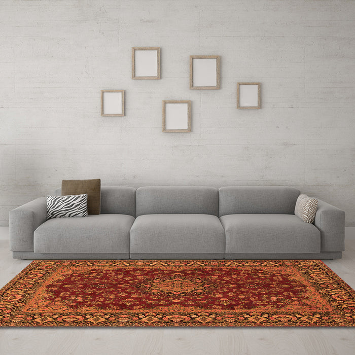 Machine Washable Medallion Orange Traditional Area Rugs in a Living Room, wshtr115org