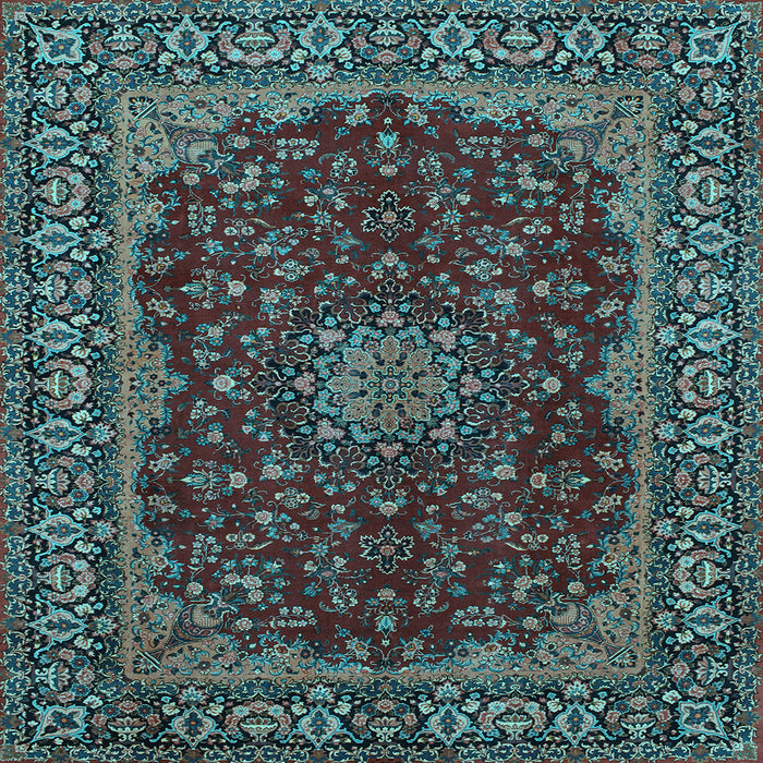 Square Machine Washable Medallion Light Blue Traditional Rug, wshtr115lblu