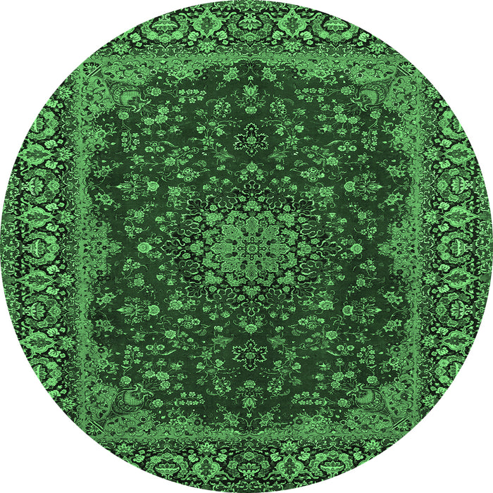 Round Machine Washable Medallion Emerald Green Traditional Area Rugs, wshtr115emgrn