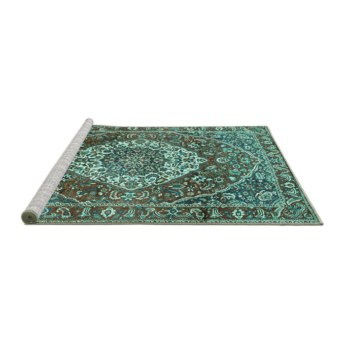 Sideview of Machine Washable Medallion Turquoise Traditional Area Rugs, wshtr1160turq