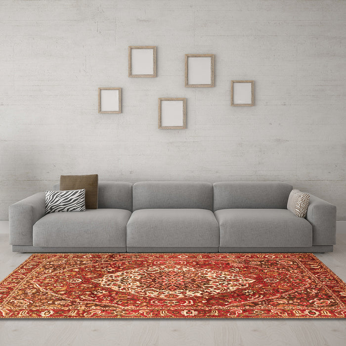 Machine Washable Medallion Orange Traditional Area Rugs in a Living Room, wshtr1160org