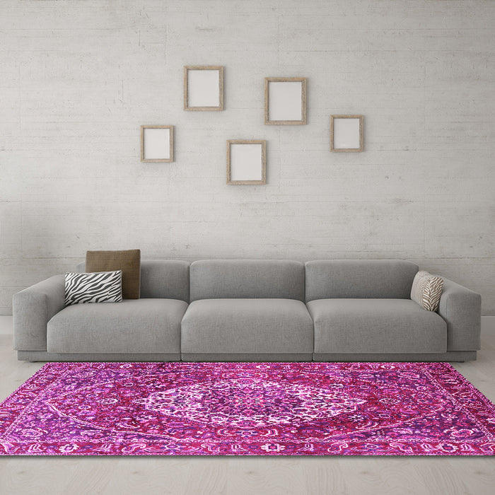 Machine Washable Medallion Pink Traditional Rug in a Living Room, wshtr1160pnk