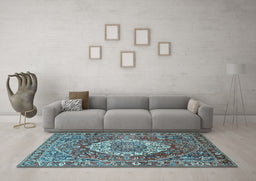 Machine Washable Medallion Light Blue Traditional Rug in a Living Room, wshtr1160lblu