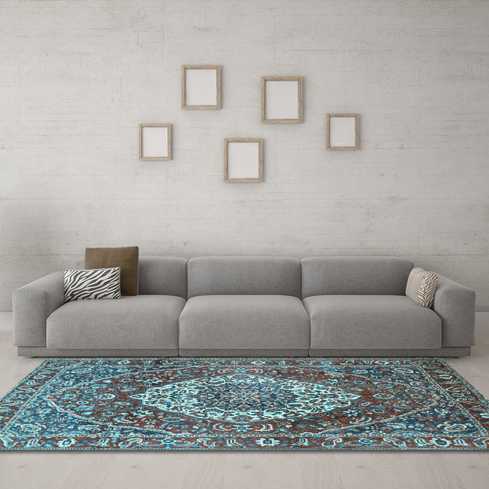 Machine Washable Medallion Light Blue Traditional Rug in a Living Room, wshtr1160lblu