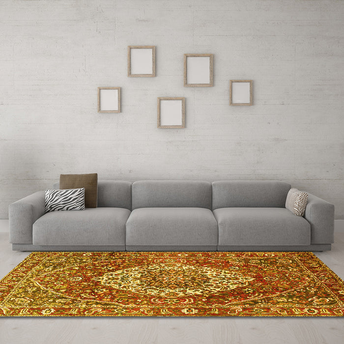 Machine Washable Medallion Yellow Traditional Rug in a Living Room, wshtr1160yw