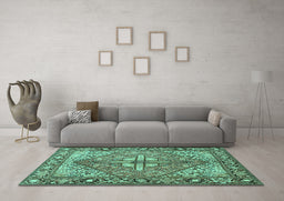 Machine Washable Persian Turquoise Traditional Area Rugs in a Living Room,, wshtr1161turq