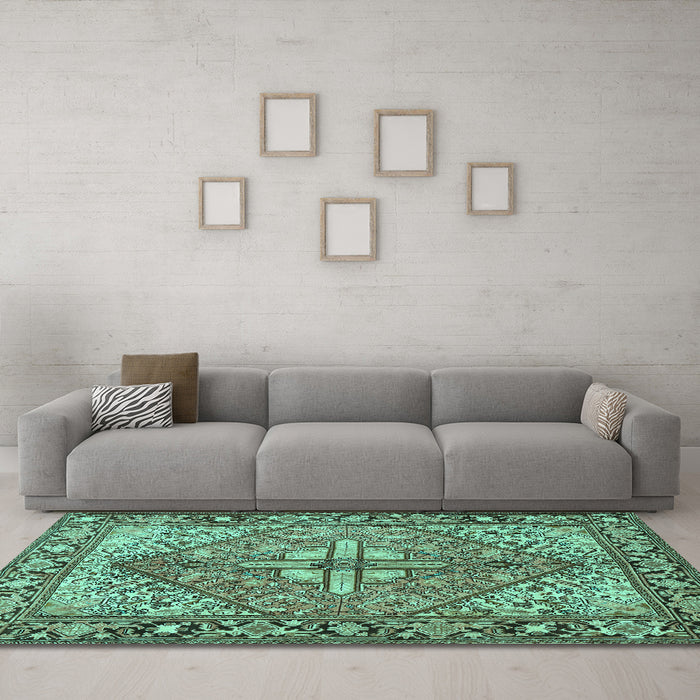 Machine Washable Persian Turquoise Traditional Area Rugs in a Living Room,, wshtr1161turq