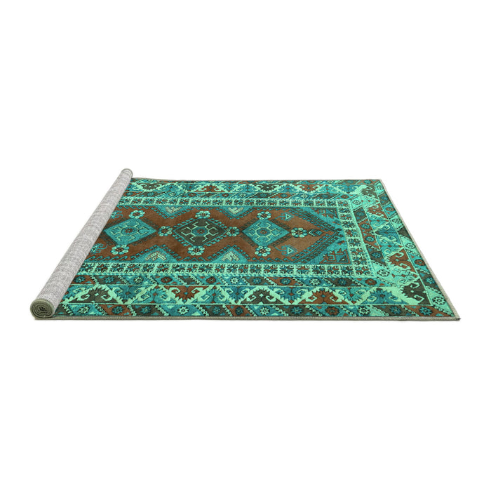 Sideview of Machine Washable Persian Turquoise Traditional Area Rugs, wshtr1162turq