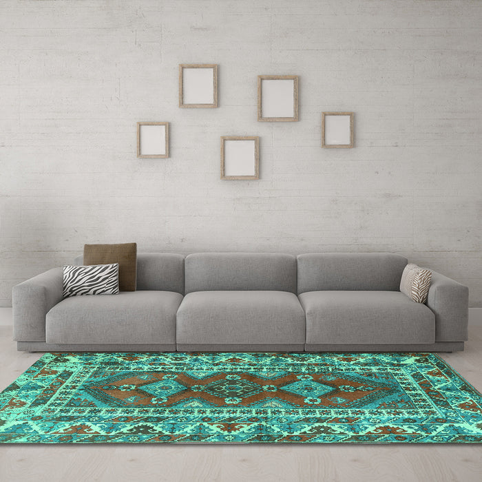 Machine Washable Persian Turquoise Traditional Area Rugs in a Living Room,, wshtr1162turq