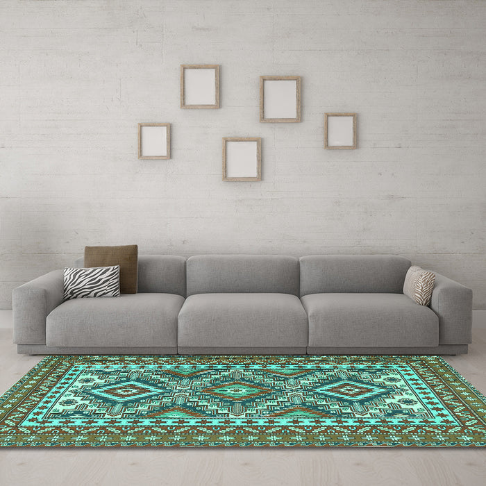 Machine Washable Persian Turquoise Traditional Area Rugs in a Living Room,, wshtr1163turq