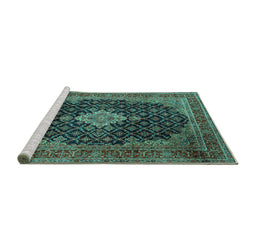 Sideview of Machine Washable Medallion Turquoise Traditional Area Rugs, wshtr1164turq