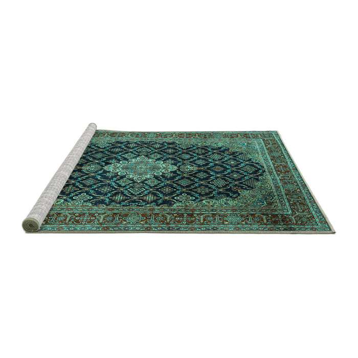 Sideview of Machine Washable Medallion Turquoise Traditional Area Rugs, wshtr1164turq