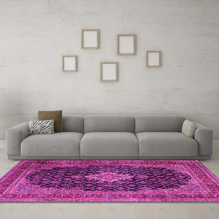 Machine Washable Medallion Pink Traditional Rug in a Living Room, wshtr1164pnk