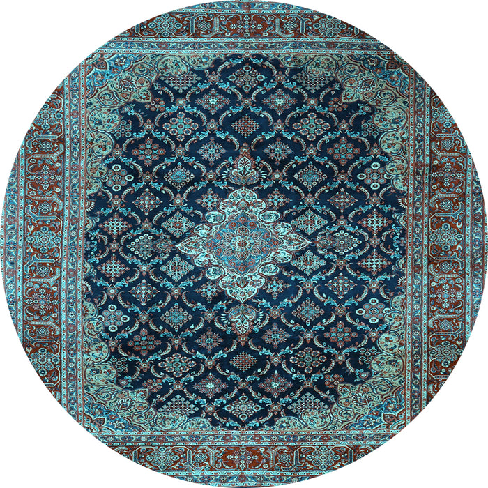 Round Machine Washable Medallion Light Blue Traditional Rug, wshtr1164lblu