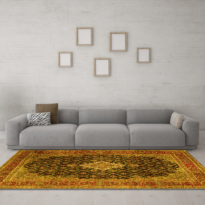 Machine Washable Medallion Yellow Traditional Rug in a Living Room, wshtr1164yw