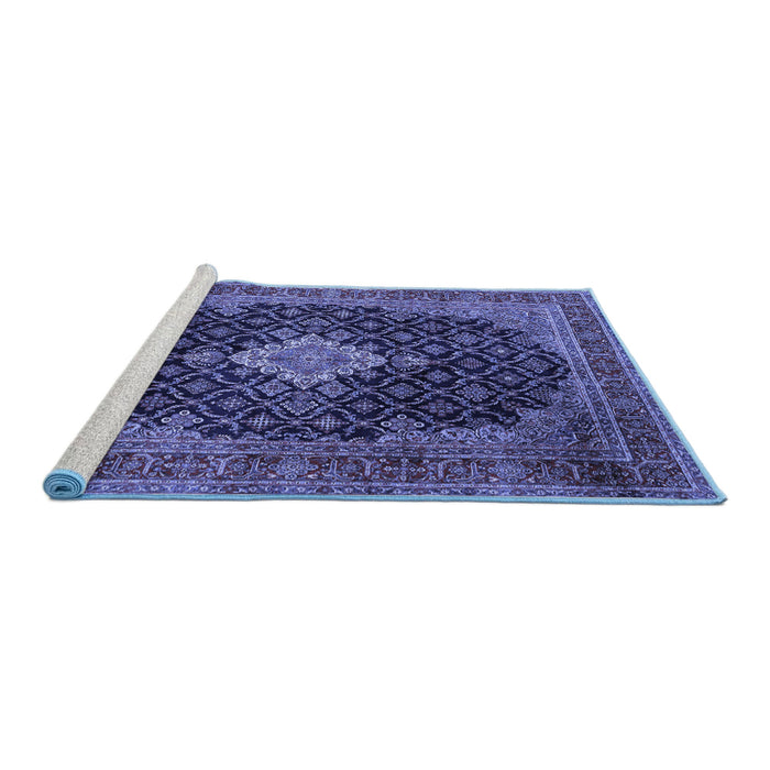 Sideview of Machine Washable Medallion Blue Traditional Rug, wshtr1164blu