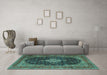 Machine Washable Medallion Turquoise Traditional Area Rugs in a Living Room,, wshtr1164turq