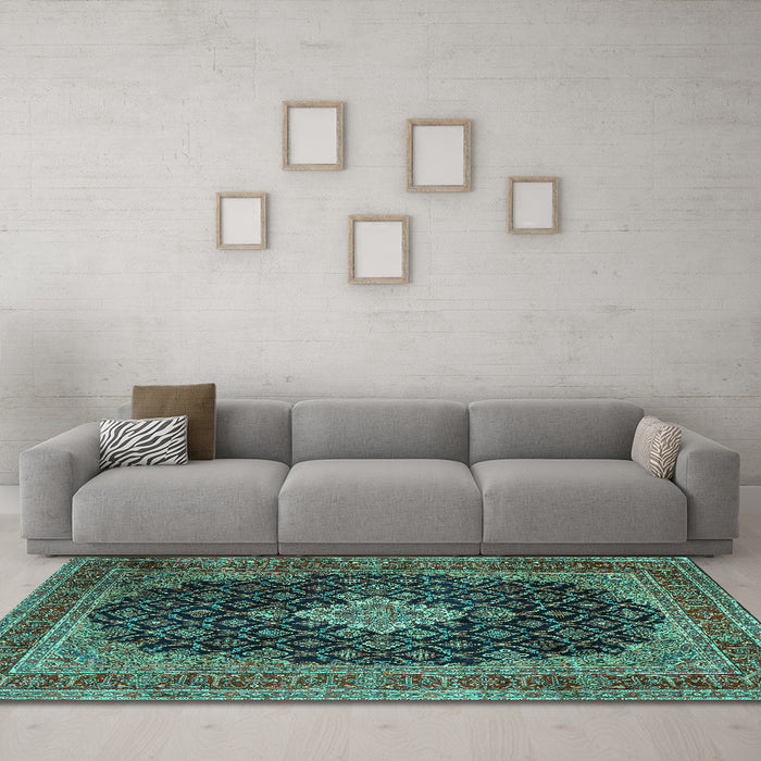 Machine Washable Medallion Turquoise Traditional Area Rugs in a Living Room,, wshtr1164turq