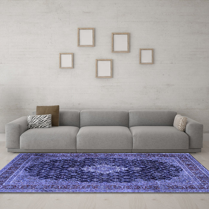 Machine Washable Medallion Blue Traditional Rug in a Living Room, wshtr1164blu