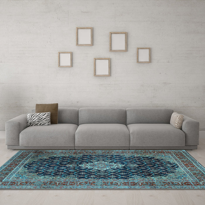 Machine Washable Medallion Light Blue Traditional Rug in a Living Room, wshtr1164lblu