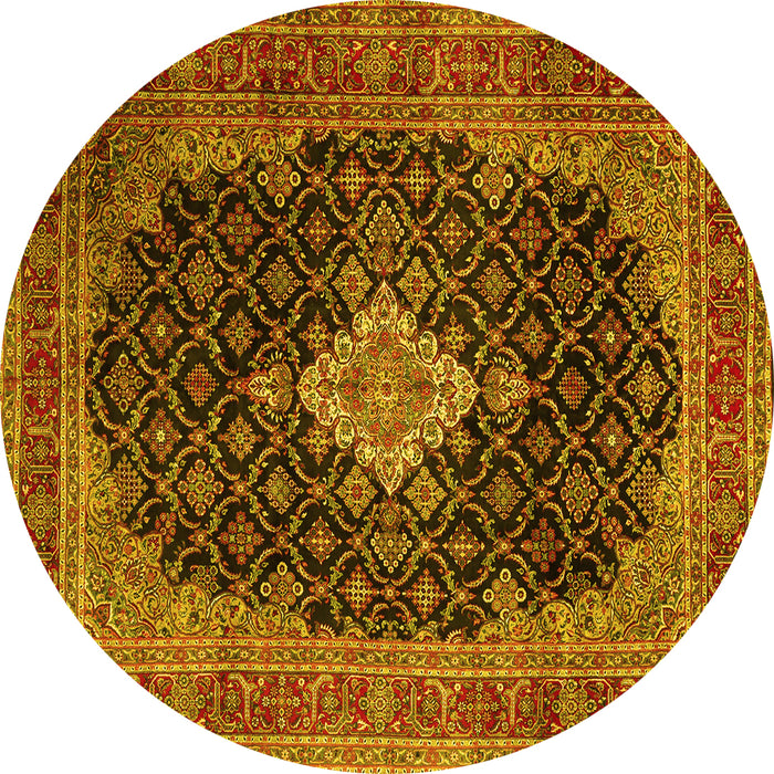 Round Machine Washable Medallion Yellow Traditional Rug, wshtr1164yw