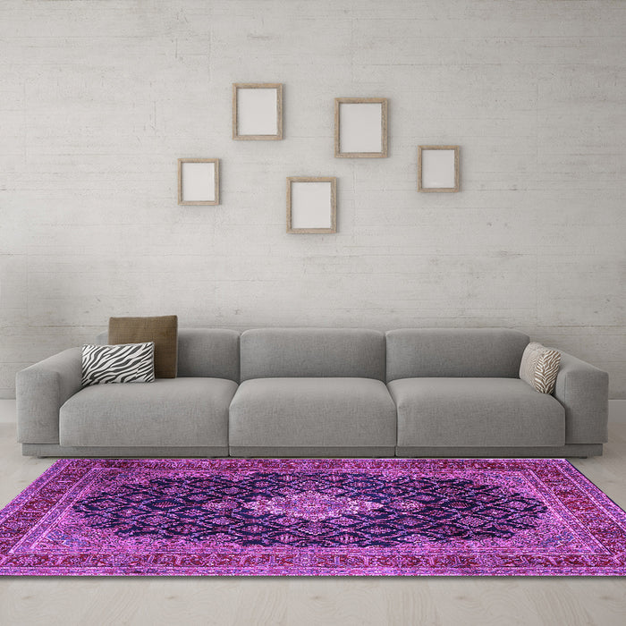 Machine Washable Medallion Purple Traditional Area Rugs in a Living Room, wshtr1164pur
