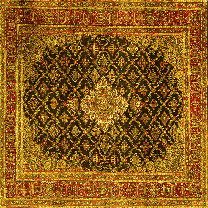 Square Machine Washable Medallion Yellow Traditional Rug, wshtr1164yw
