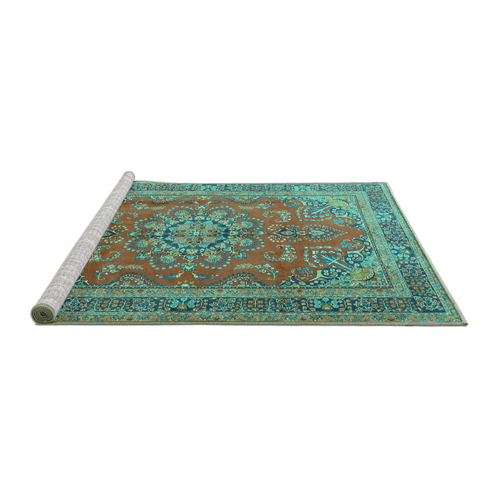 Sideview of Machine Washable Medallion Turquoise Traditional Area Rugs, wshtr1165turq