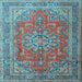 Square Machine Washable Medallion Light Blue Traditional Rug, wshtr1165lblu