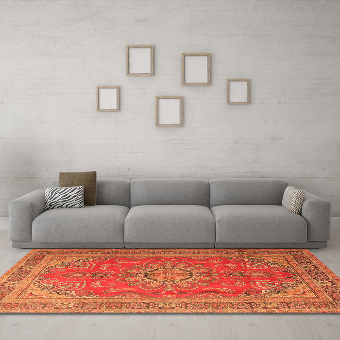 Machine Washable Medallion Orange Traditional Area Rugs in a Living Room, wshtr1165org