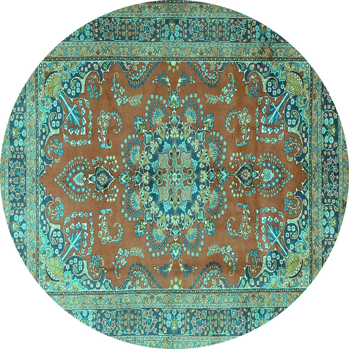 Round Machine Washable Medallion Turquoise Traditional Area Rugs, wshtr1165turq