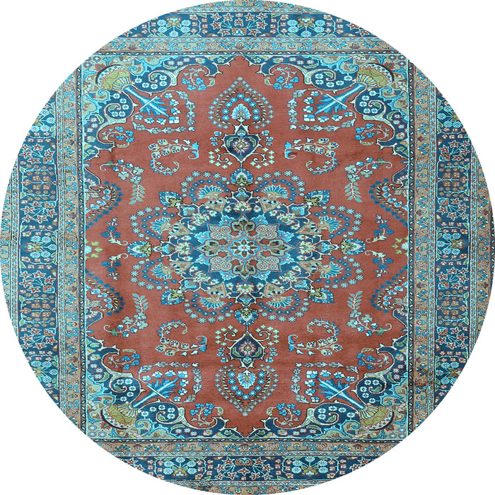 Round Machine Washable Medallion Light Blue Traditional Rug, wshtr1165lblu