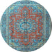 Round Machine Washable Medallion Light Blue Traditional Rug, wshtr1165lblu