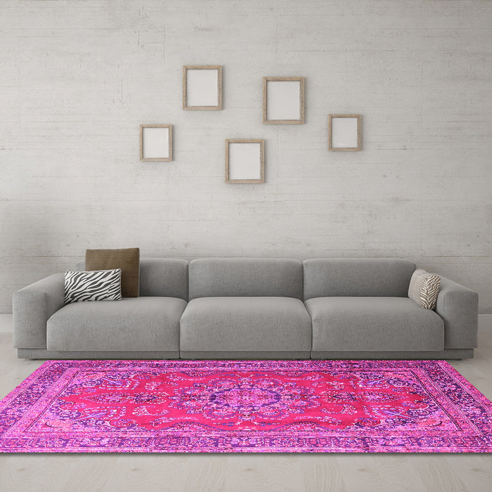 Machine Washable Medallion Pink Traditional Rug in a Living Room, wshtr1165pnk