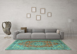 Machine Washable Medallion Turquoise Traditional Area Rugs in a Living Room,, wshtr1165turq