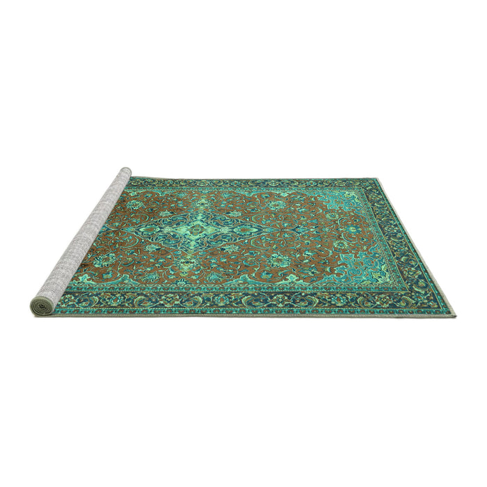 Sideview of Machine Washable Persian Turquoise Traditional Area Rugs, wshtr1166turq