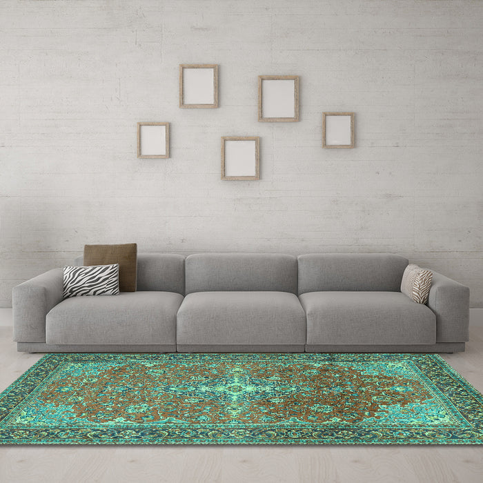 Machine Washable Persian Turquoise Traditional Area Rugs in a Living Room,, wshtr1166turq