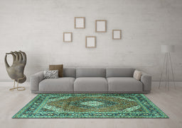 Machine Washable Persian Turquoise Traditional Area Rugs in a Living Room,, wshtr1167turq