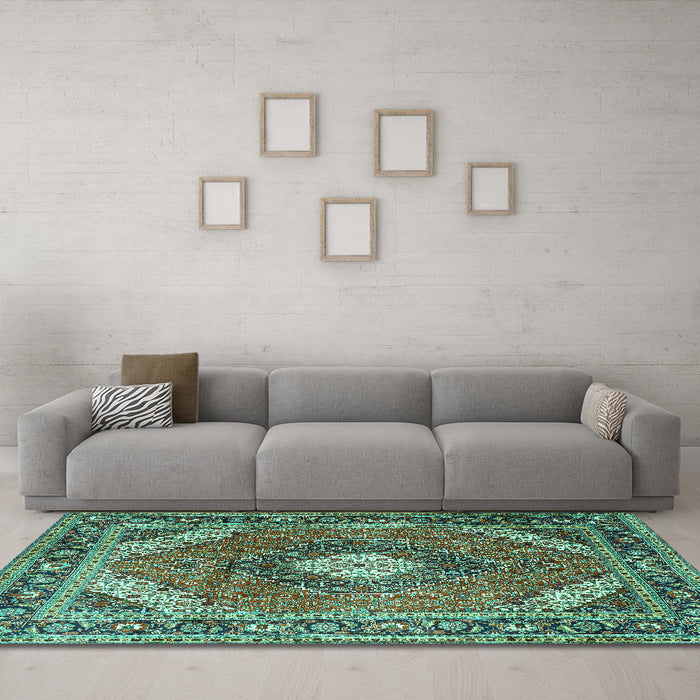 Machine Washable Persian Turquoise Traditional Area Rugs in a Living Room,, wshtr1167turq