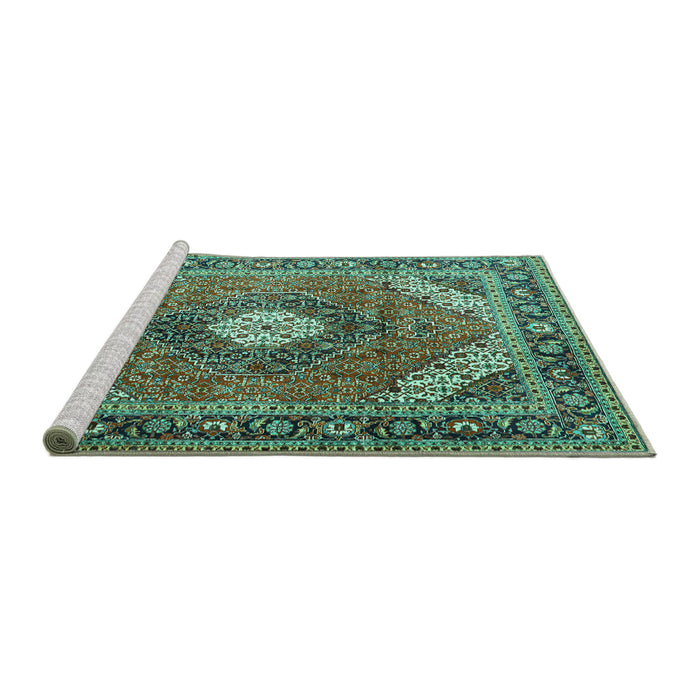Sideview of Machine Washable Persian Turquoise Traditional Area Rugs, wshtr1167turq