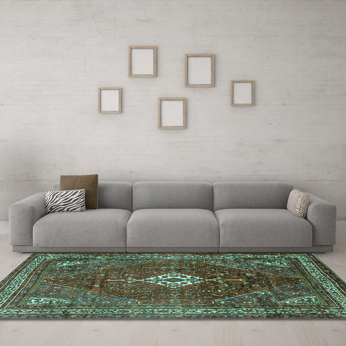 Machine Washable Persian Turquoise Traditional Area Rugs in a Living Room,, wshtr1168turq