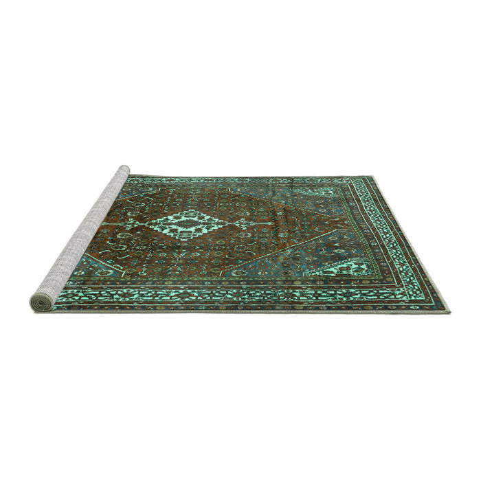 Sideview of Machine Washable Persian Turquoise Traditional Area Rugs, wshtr1168turq