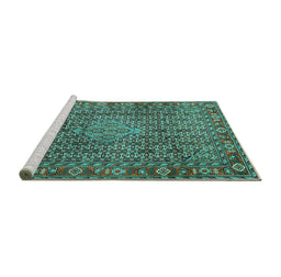 Sideview of Machine Washable Persian Turquoise Traditional Area Rugs, wshtr1169turq