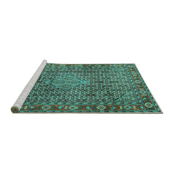 Sideview of Machine Washable Persian Turquoise Traditional Area Rugs, wshtr1169turq