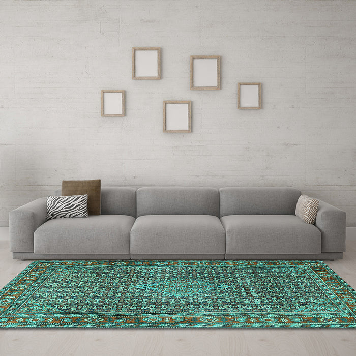 Machine Washable Persian Turquoise Traditional Area Rugs in a Living Room,, wshtr1169turq