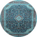 Round Machine Washable Medallion Light Blue Traditional Rug, wshtr116lblu